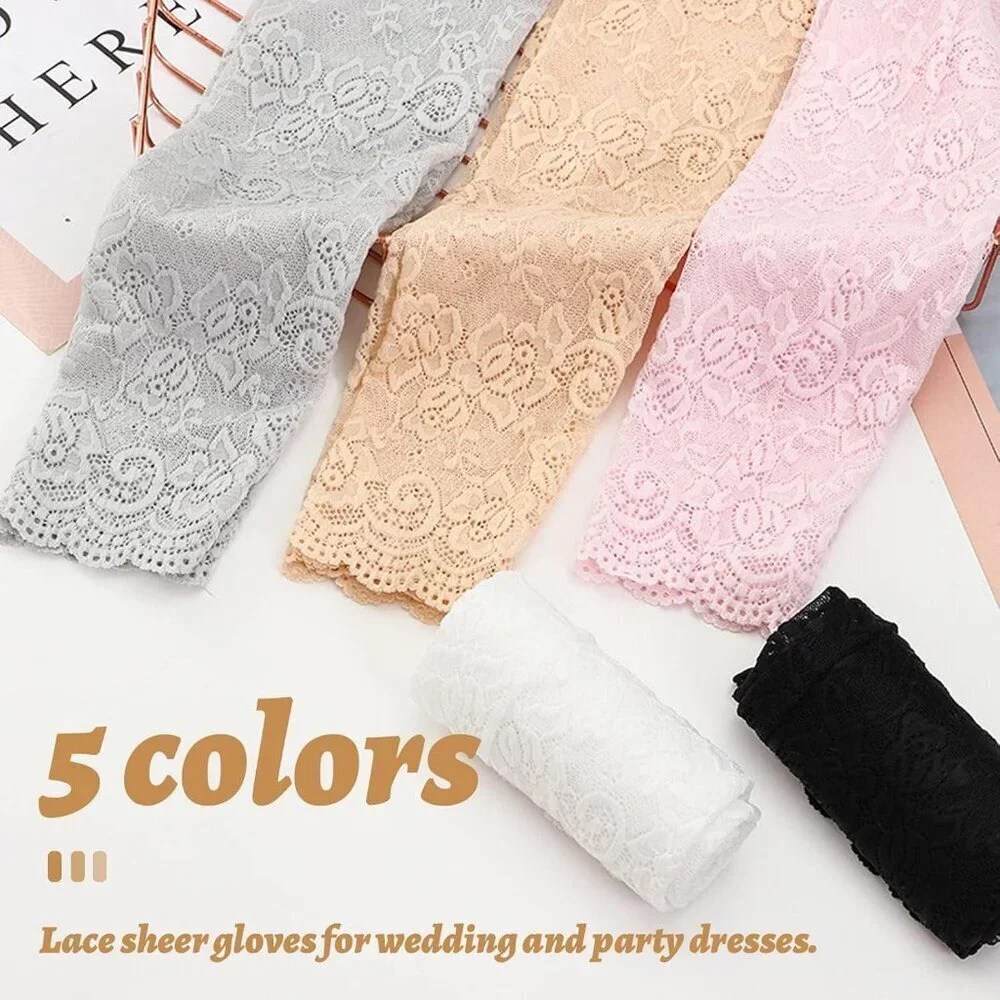 Women's A-Black Floral Lace Long Arm Sleeves Hollow Fingerless Gloves Design